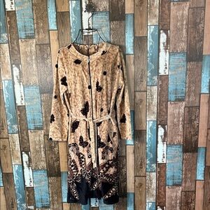 Tan and Black butterfly floral tie robe with pockets vintage